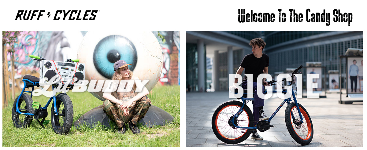 2 sfeerbeelden van mensen met hun Ruff Cycle Lil Buddy & Ruff Cycle Biggie